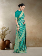 Monjolika Fashion Effervescent Turquoise Soft Banarasi Satin Silk Saree With Elision Blouse Piece | Grocsy