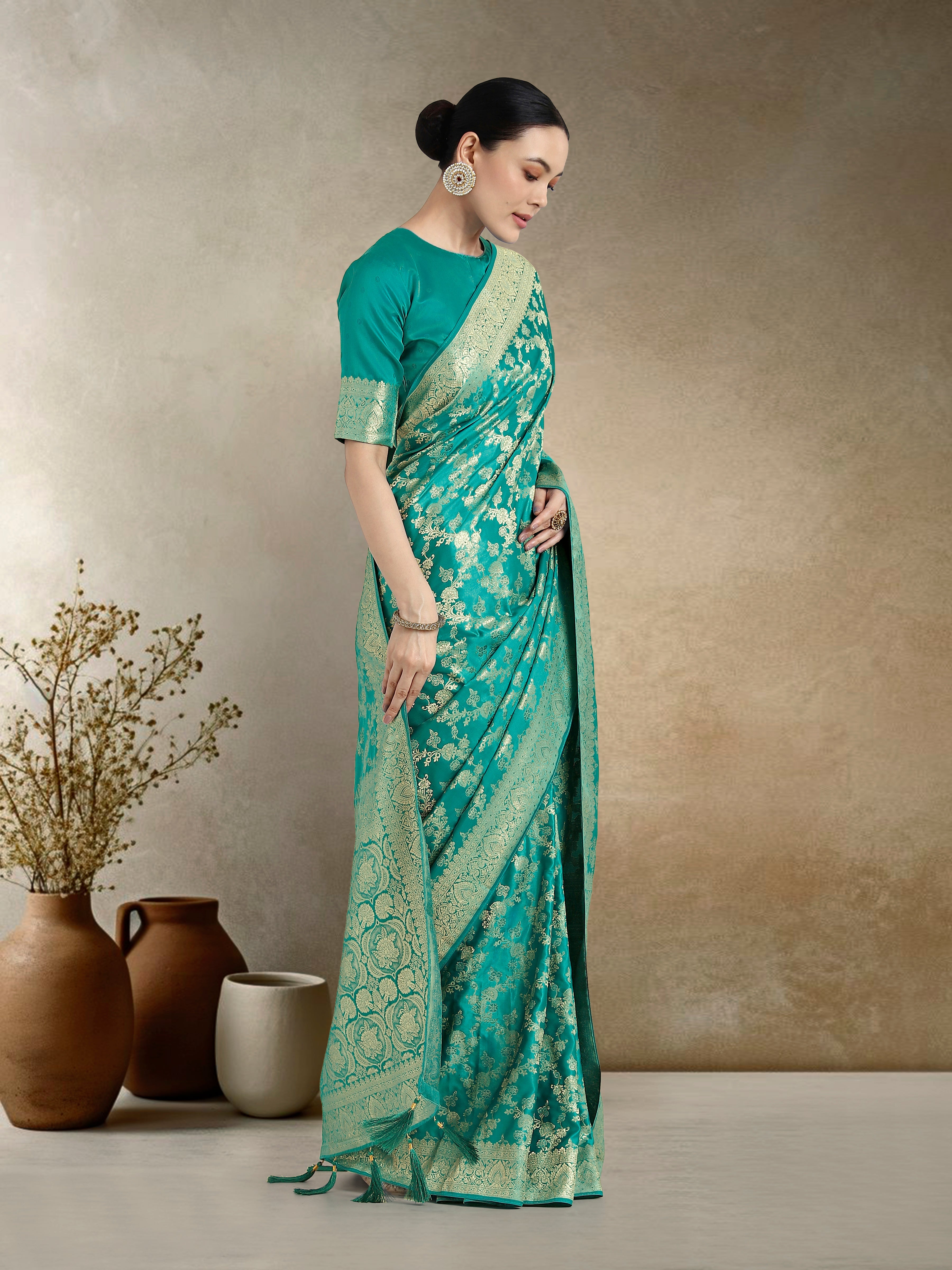 Monjolika Fashion Effervescent Turquoise Soft Banarasi Satin Silk Saree With Elision Blouse Piece | Grocsy