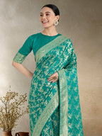 Monjolika Fashion Effervescent Turquoise Soft Banarasi Satin Silk Saree With Elision Blouse Piece | Grocsy