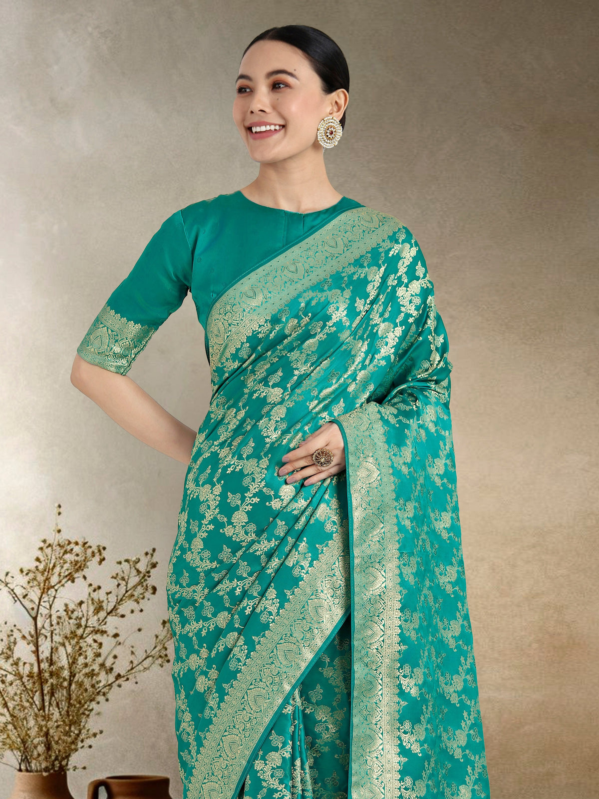 Monjolika Fashion Effervescent Turquoise Soft Banarasi Satin Silk Saree With Elision Blouse Piece | Grocsy