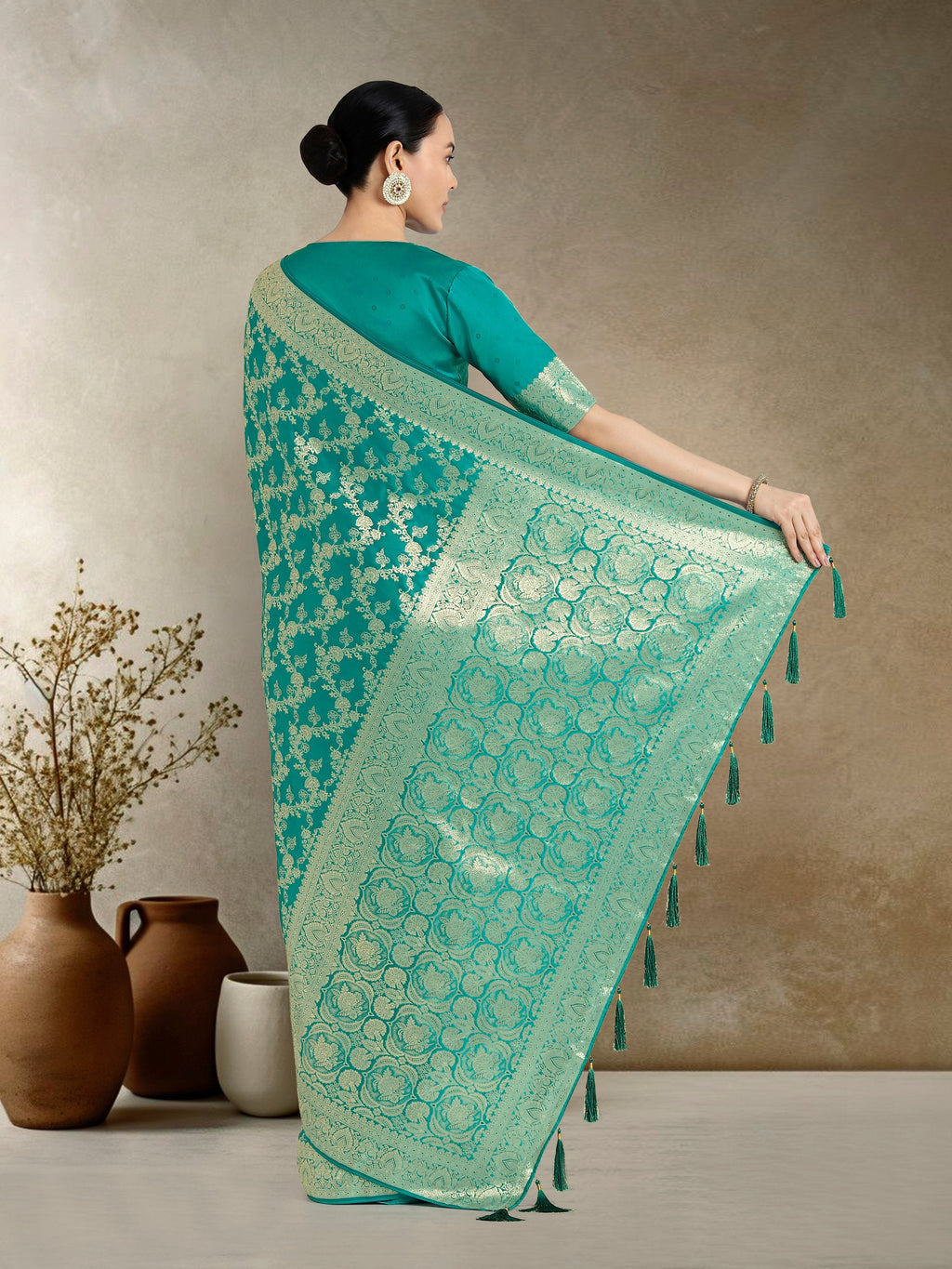 Monjolika Fashion Effervescent Turquoise Soft Banarasi Satin Silk Saree With Elision Blouse Piece | Grocsy