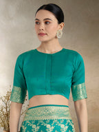 Monjolika Fashion Effervescent Turquoise Soft Banarasi Satin Silk Saree With Elision Blouse Piece | Grocsy