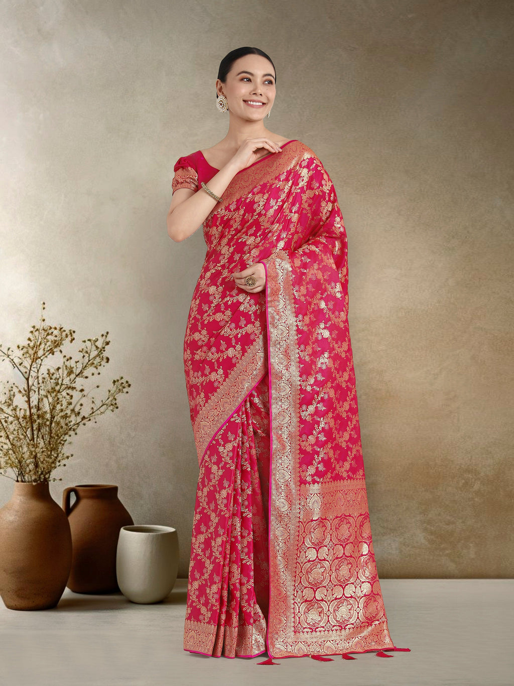 Monjolika Fashion Effervescent Bright Pink Soft Banarasi Satin Silk Saree With Elision Blouse Piece | Grocsy