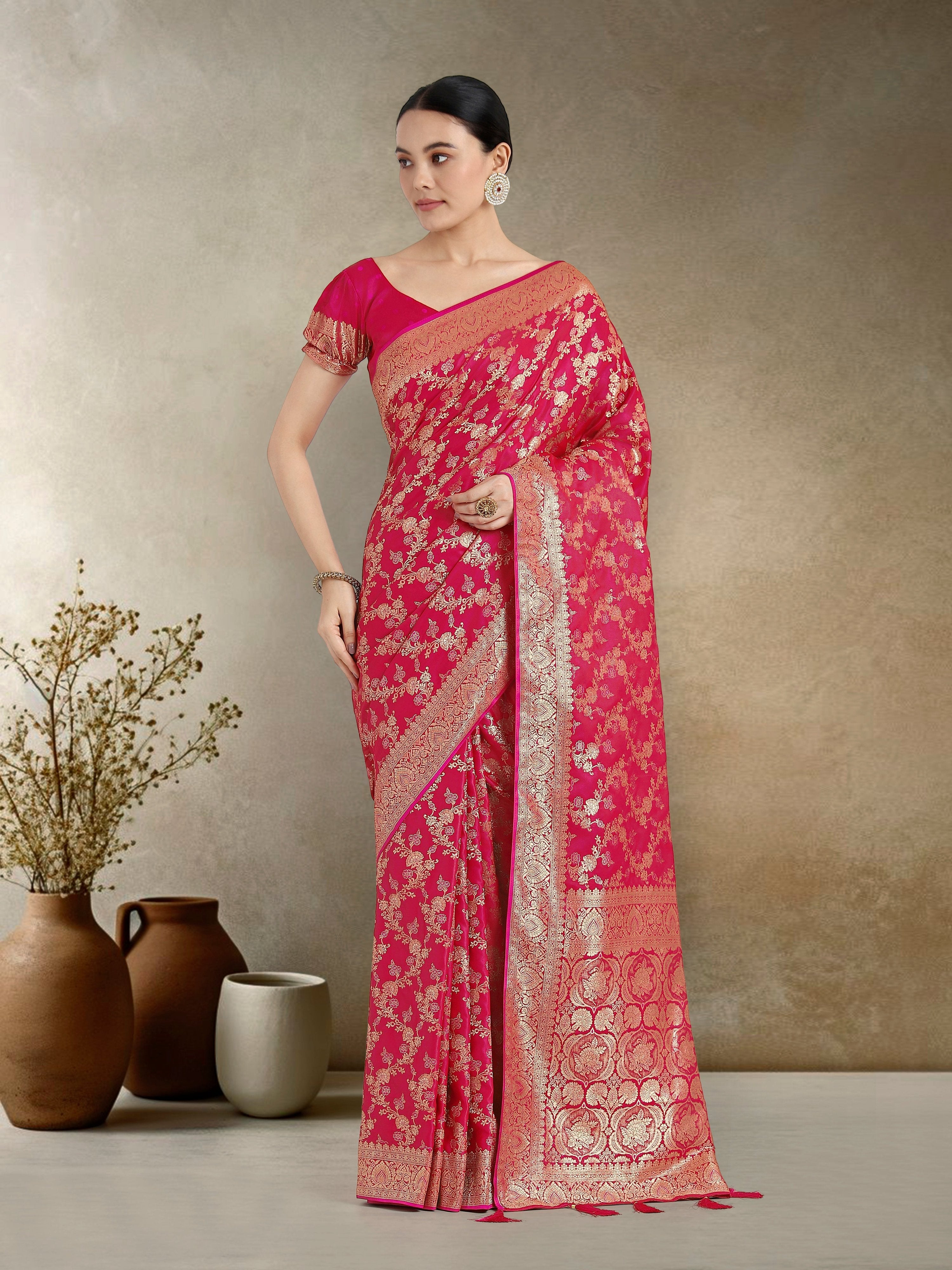 Monjolika Fashion Effervescent Bright Pink Soft Banarasi Satin Silk Saree With Elision Blouse Piece | Grocsy