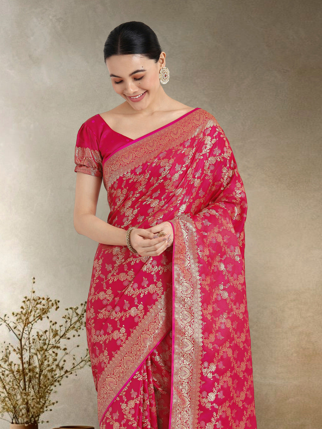 Monjolika Fashion Effervescent Bright Pink Soft Banarasi Satin Silk Saree With Elision Blouse Piece | Grocsy