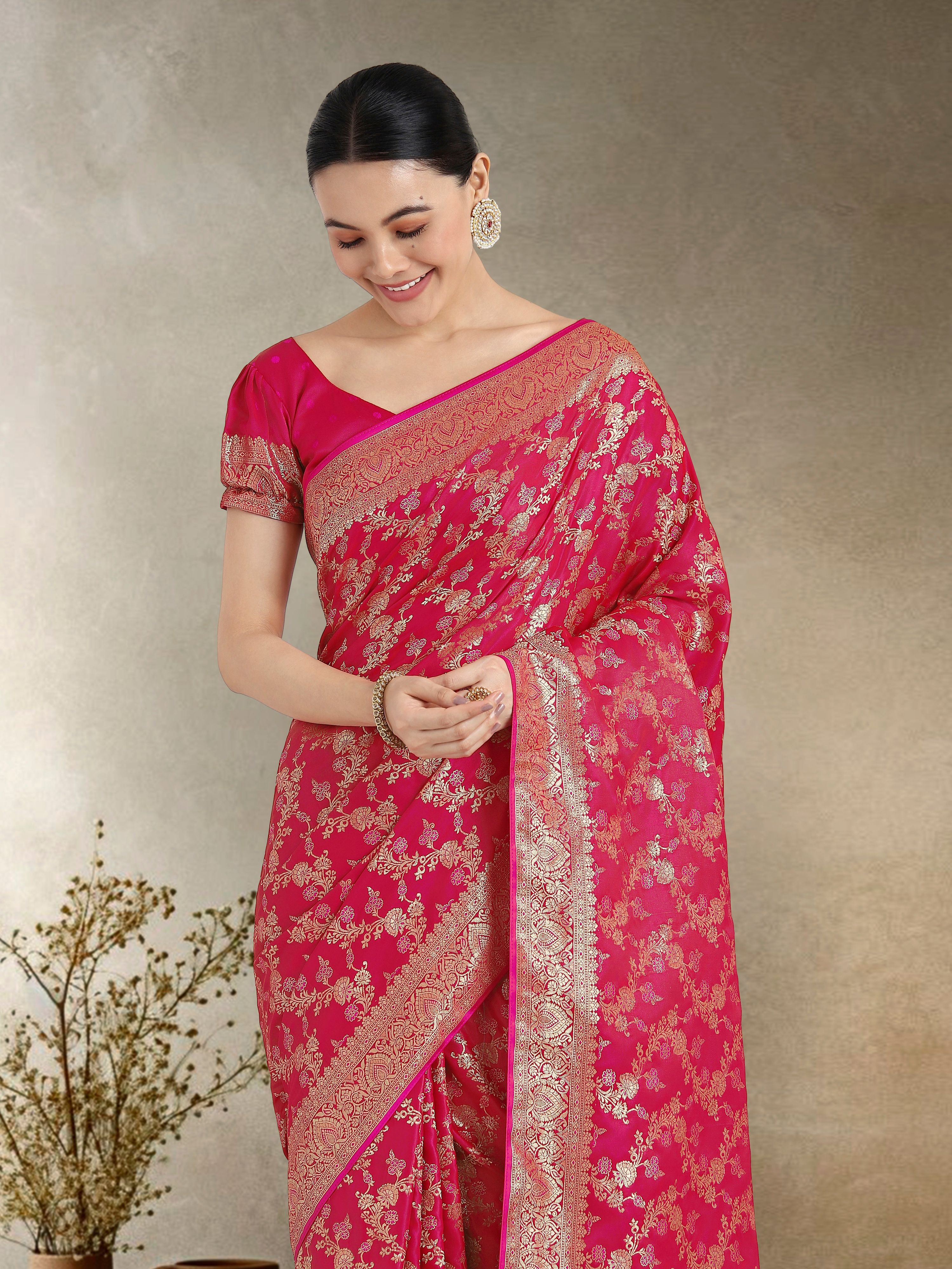 Monjolika Fashion Effervescent Bright Pink Soft Banarasi Satin Silk Saree With Elision Blouse Piece | Grocsy