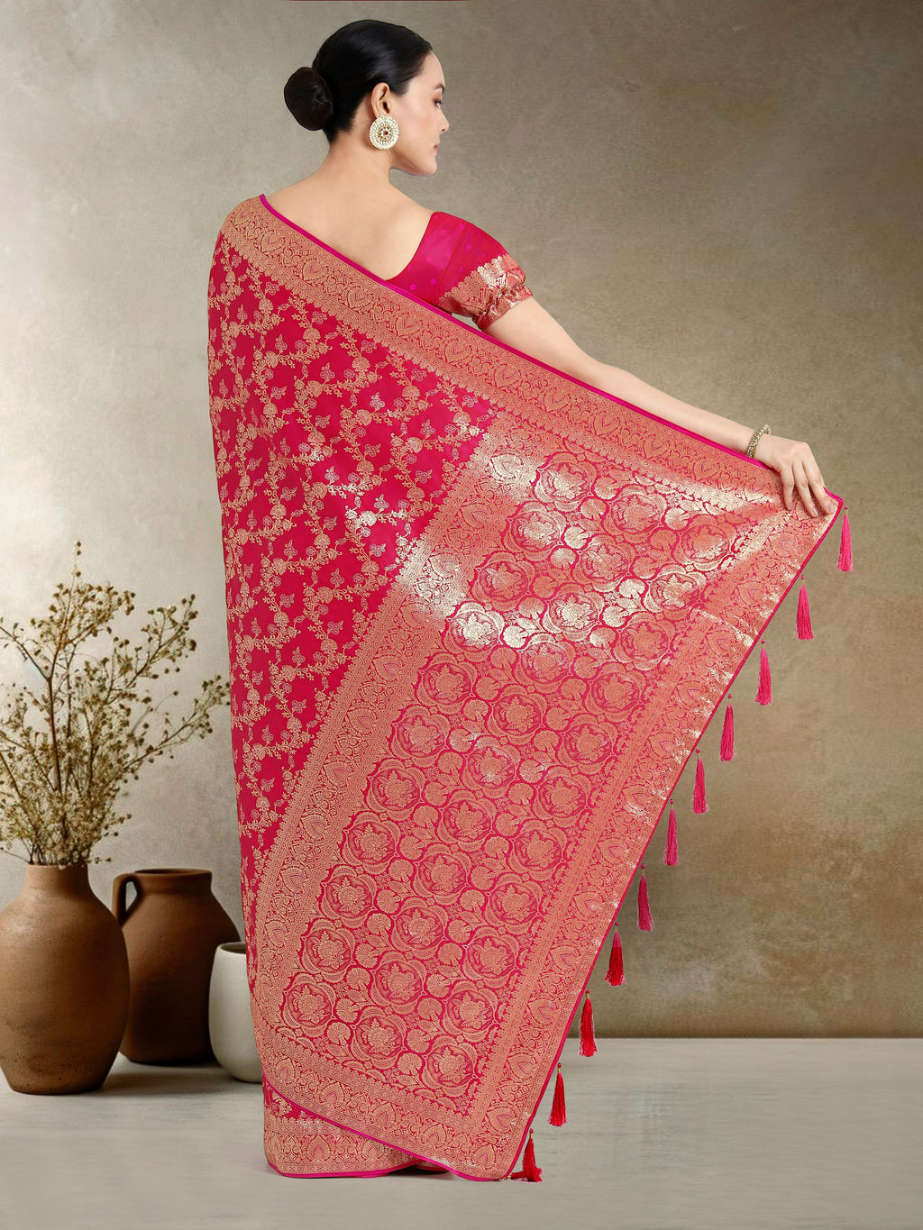 Monjolika Fashion Effervescent Bright Pink Soft Banarasi Satin Silk Saree With Elision Blouse Piece | Grocsy