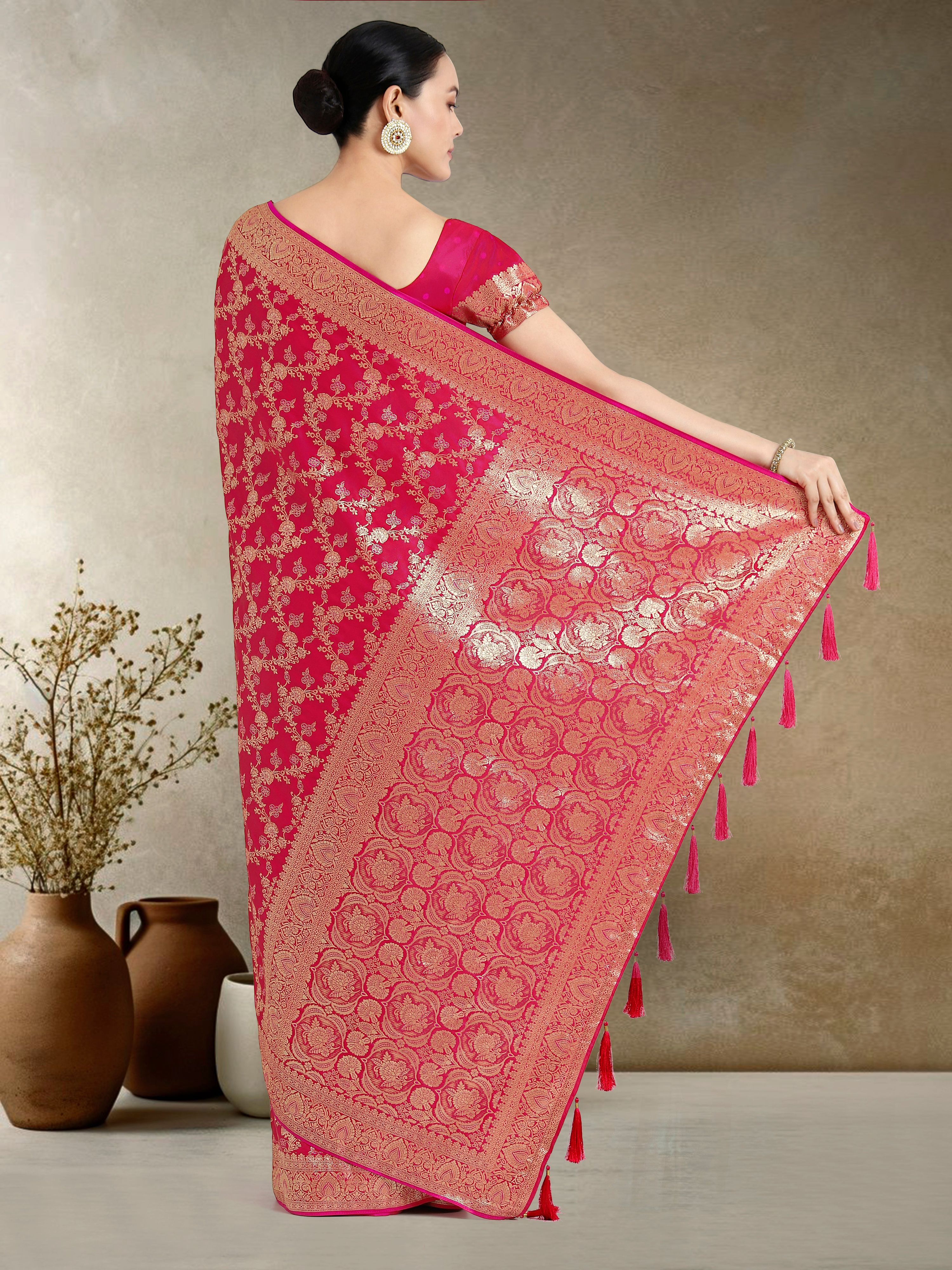 Monjolika Fashion Effervescent Bright Pink Soft Banarasi Satin Silk Saree With Elision Blouse Piece | Grocsy