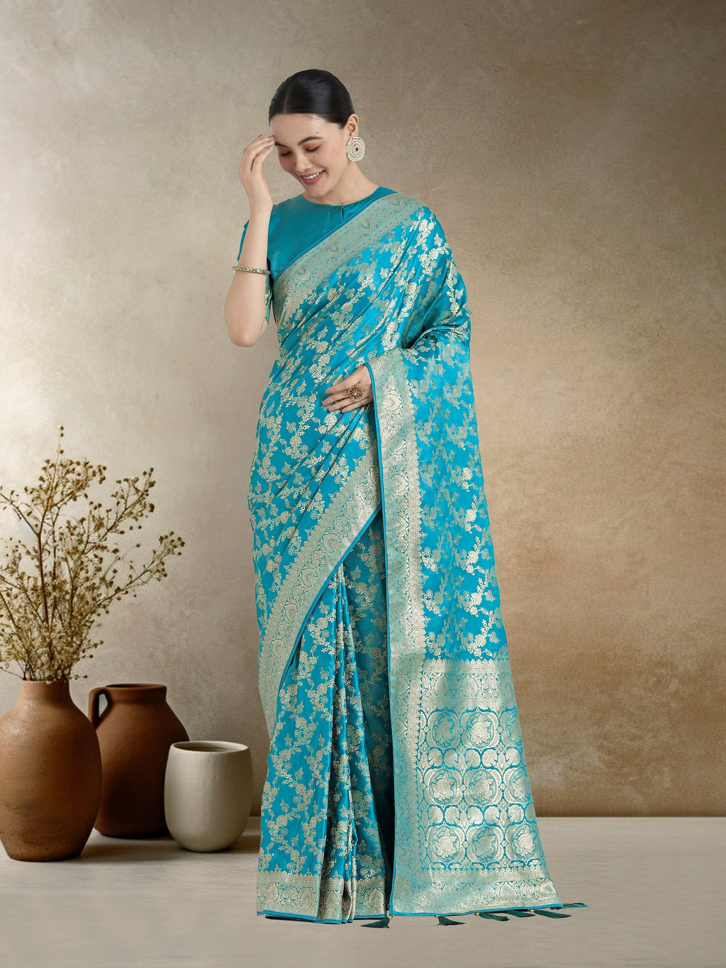 Monjolika Fashion Effervescent Aqua blue Soft Banarasi Satin Silk Saree With Elision Blouse Piece | Grocsy