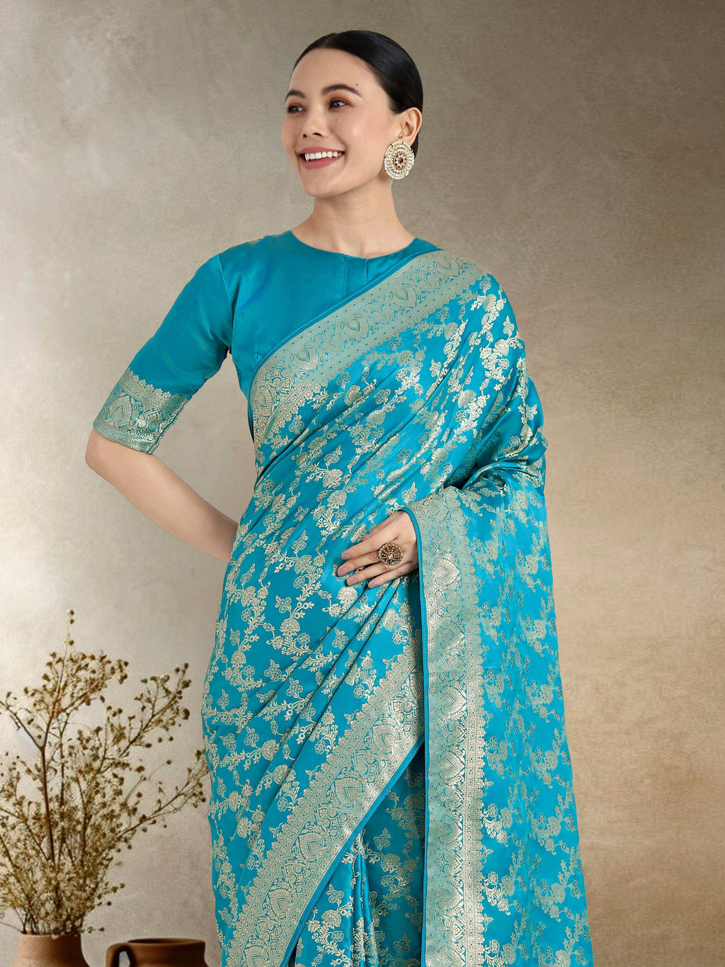Monjolika Fashion Effervescent Aqua blue Soft Banarasi Satin Silk Saree With Elision Blouse Piece | Grocsy