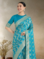 Monjolika Fashion Effervescent Aqua blue Soft Banarasi Satin Silk Saree With Elision Blouse Piece | Grocsy