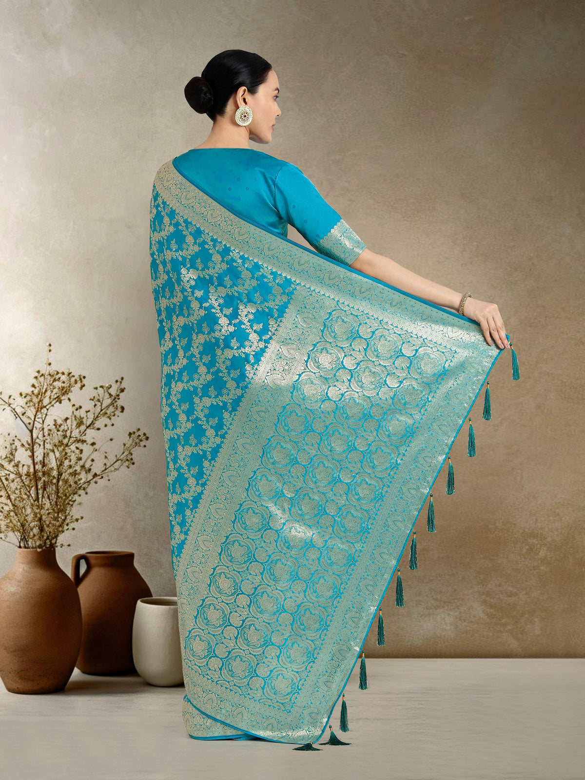 Monjolika Fashion Effervescent Aqua blue Soft Banarasi Satin Silk Saree With Elision Blouse Piece | Grocsy