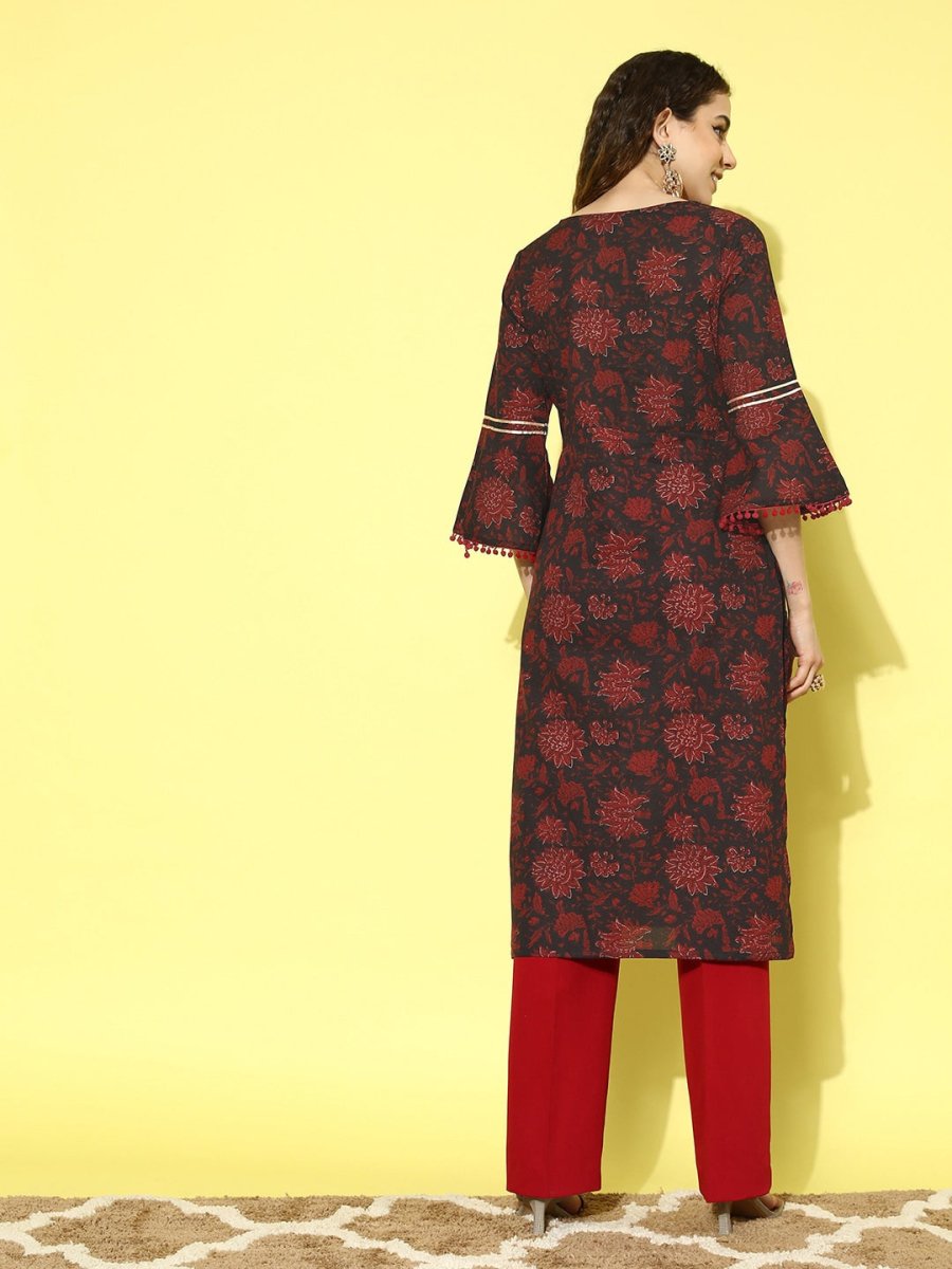 All About You Navy Blue Floral Printed Bell Sleeves Gotta Patti Pure Cotton Kurta | Grocsy