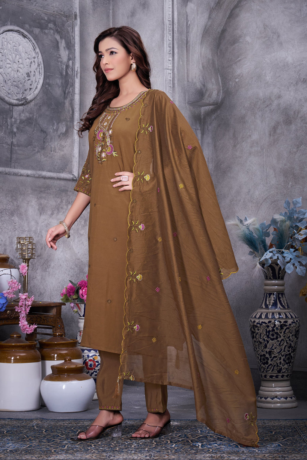 Lorenvalley Fashion Brown Roman Silk Multi Embroidery Thread With Hand Work Kurta Pant Dupatta | Grocsy