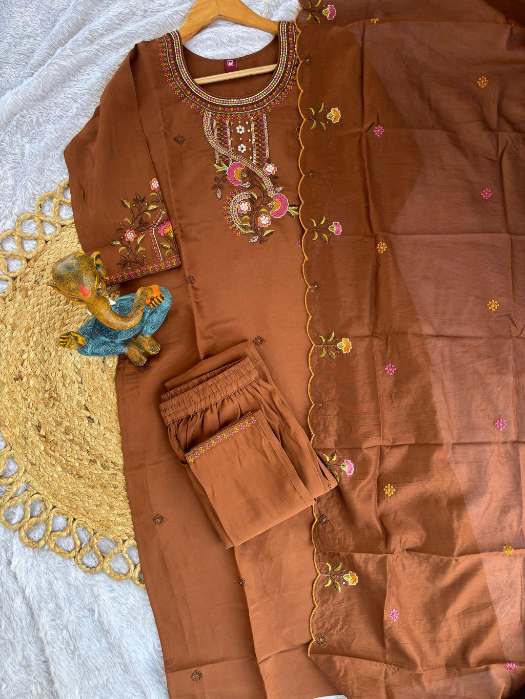 Lorenvalley Fashion Brown Roman Silk Multi Embroidery Thread With Hand Work Kurta Pant Dupatta | Grocsy