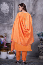 Lorenvalley Fashion Orange Roman Silk Multi Embroidery Thread With Hand Work Kurta Pant Dupatta | Grocsy