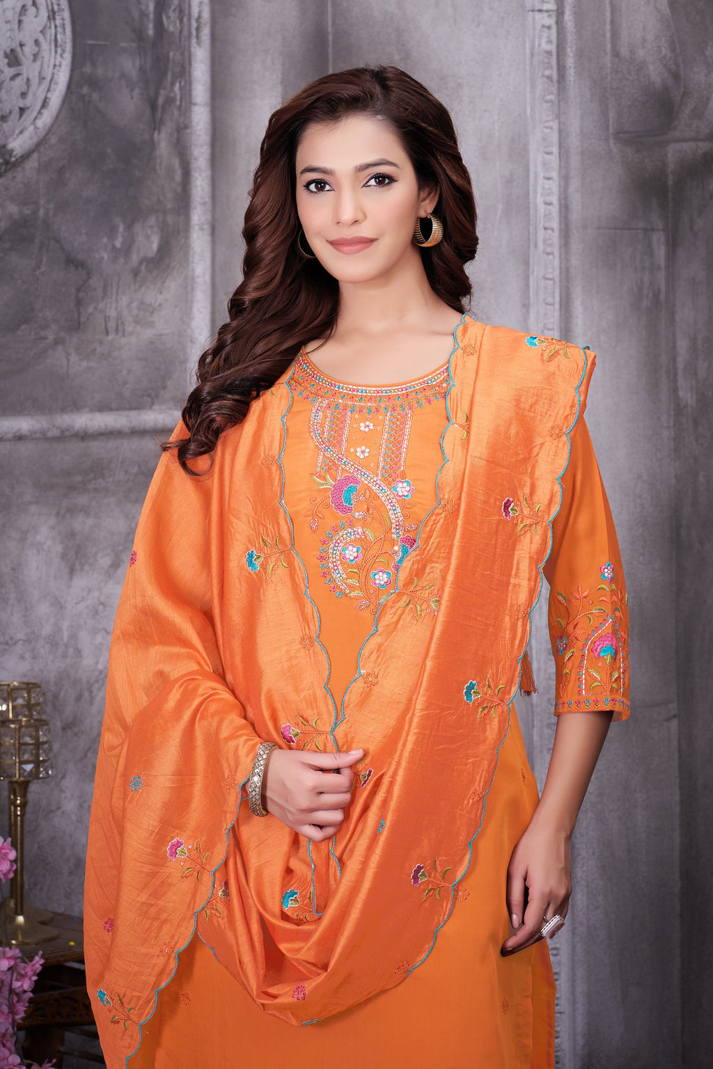 Lorenvalley Fashion Orange Roman Silk Multi Embroidery Thread With Hand Work Kurta Pant Dupatta | Grocsy