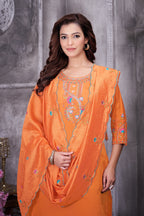 Lorenvalley Fashion Orange Roman Silk Multi Embroidery Thread With Hand Work Kurta Pant Dupatta | Grocsy