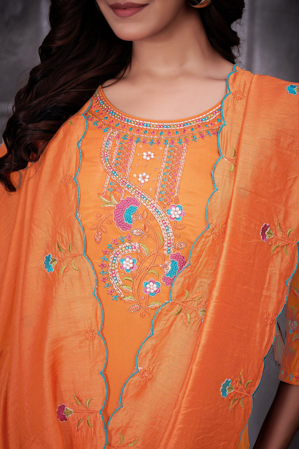 Lorenvalley Fashion Orange Roman Silk Multi Embroidery Thread With Hand Work Kurta Pant Dupatta | Grocsy