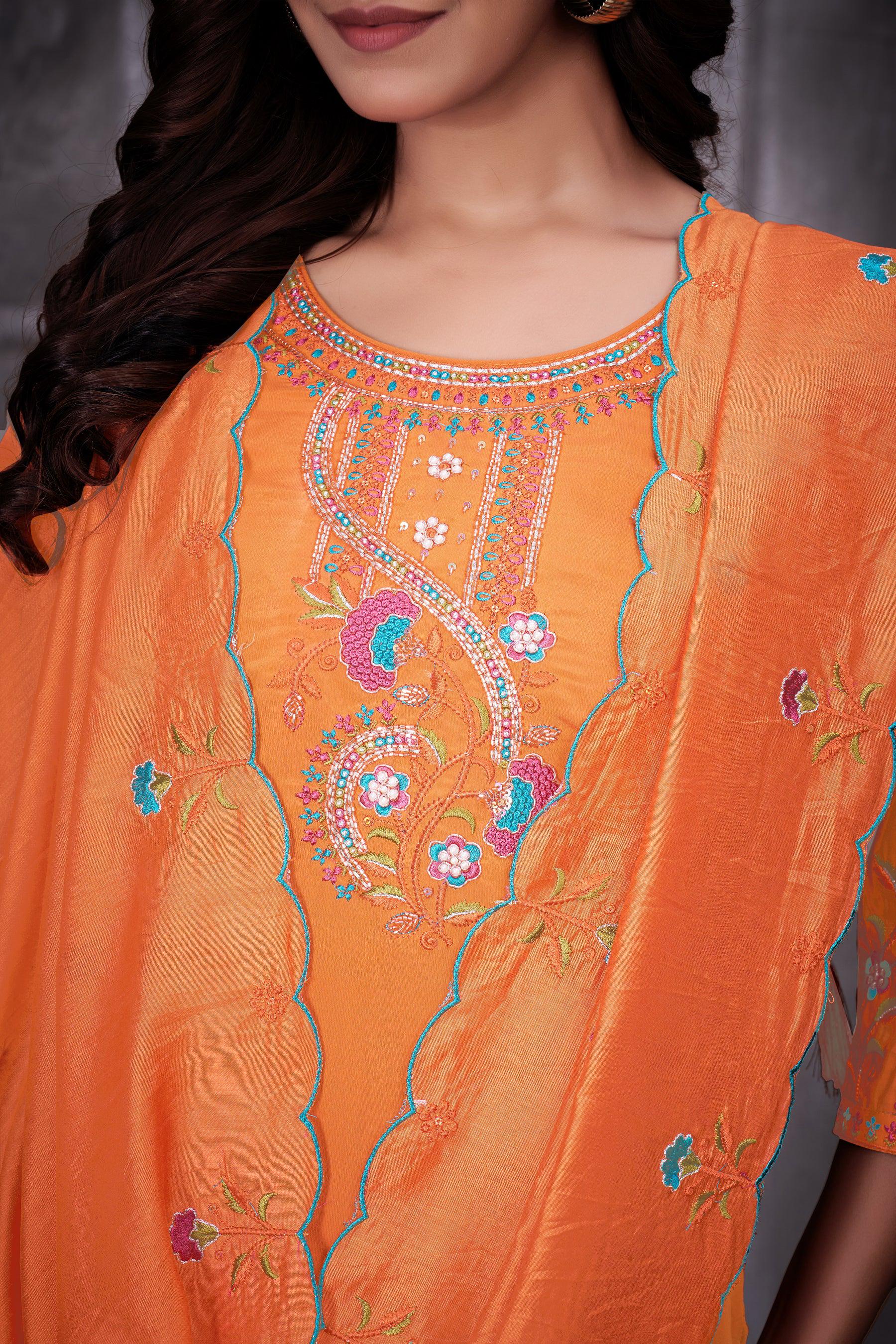 Lorenvalley Fashion Orange Roman Silk Multi Embroidery Thread With Hand Work Kurta Pant Dupatta | Grocsy