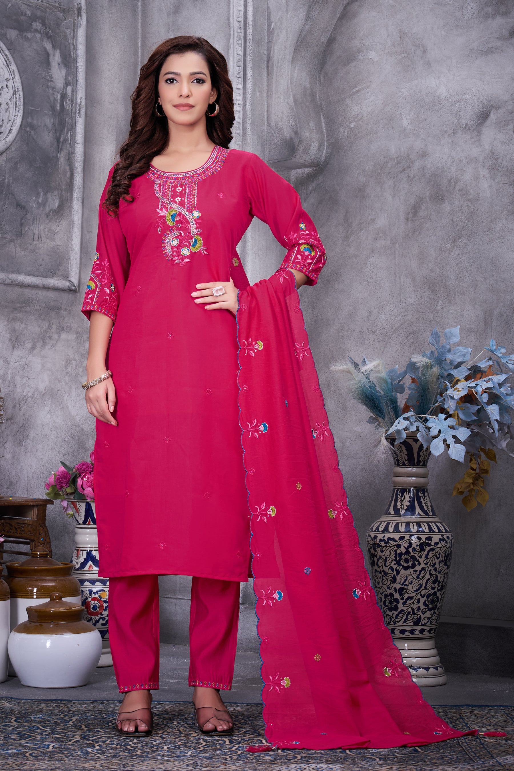 Lorenvalley Fashion Ranipink Roman Silk Multi Embroidery Thread With Hand Work Kurta Pant Dupatta | Grocsy