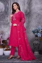 Lorenvalley Fashion Ranipink Roman Silk Multi Embroidery Thread With Hand Work Kurta Pant Dupatta | Grocsy