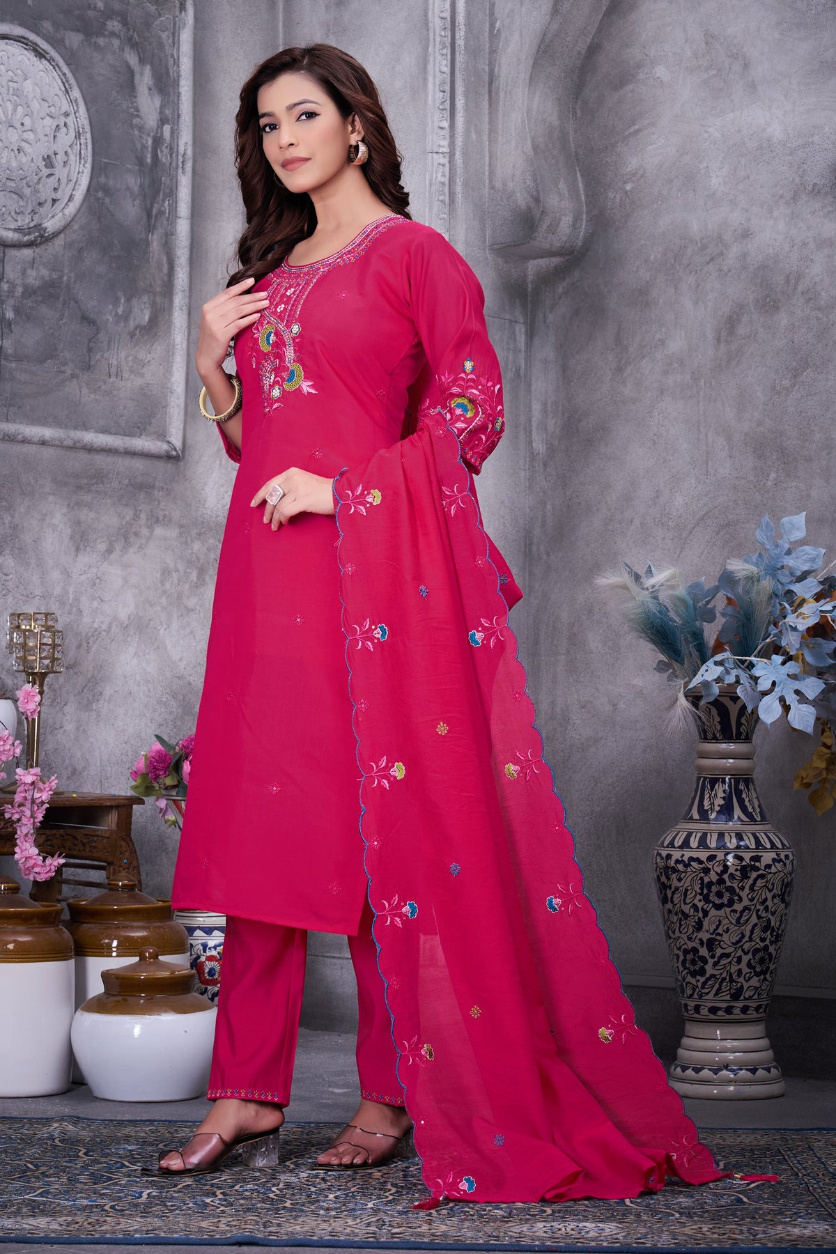 Lorenvalley Fashion Ranipink Roman Silk Multi Embroidery Thread With Hand Work Kurta Pant Dupatta | Grocsy