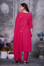 Lorenvalley Fashion Ranipink Roman Silk Multi Embroidery Thread With Hand Work Kurta Pant Dupatta | Grocsy