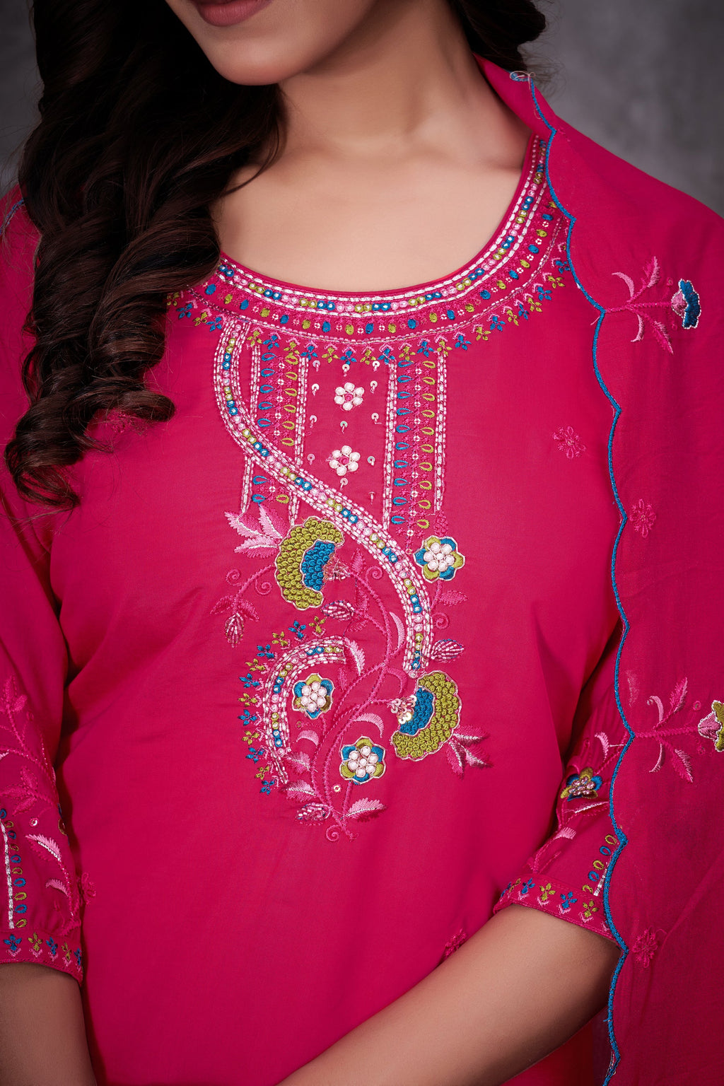 Lorenvalley Fashion Ranipink Roman Silk Multi Embroidery Thread With Hand Work Kurta Pant Dupatta | Grocsy