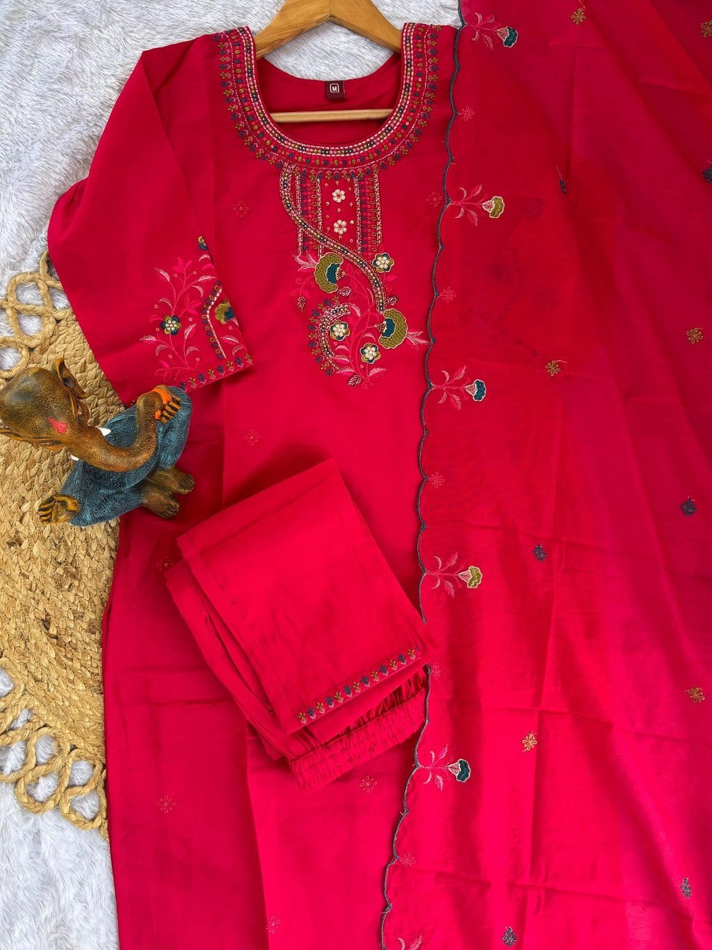 Lorenvalley Fashion Ranipink Roman Silk Multi Embroidery Thread With Hand Work Kurta Pant Dupatta | Grocsy