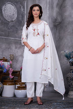 Lorenvalley Fashion White Roman Silk Multi Embroidery Thread With Hand Work Kurta Pant Dupatta | Grocsy