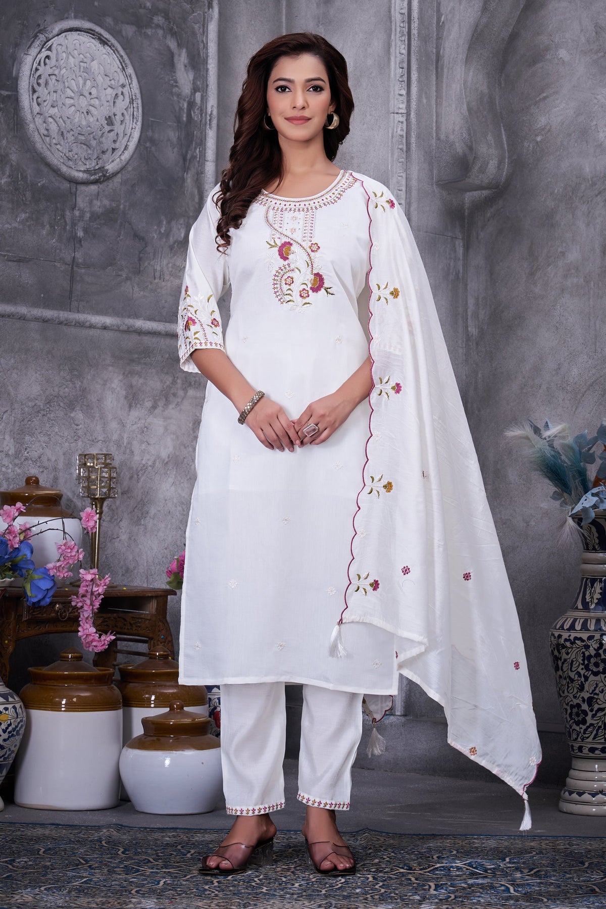 Lorenvalley Fashion White Roman Silk Multi Embroidery Thread With Hand Work Kurta Pant Dupatta | Grocsy