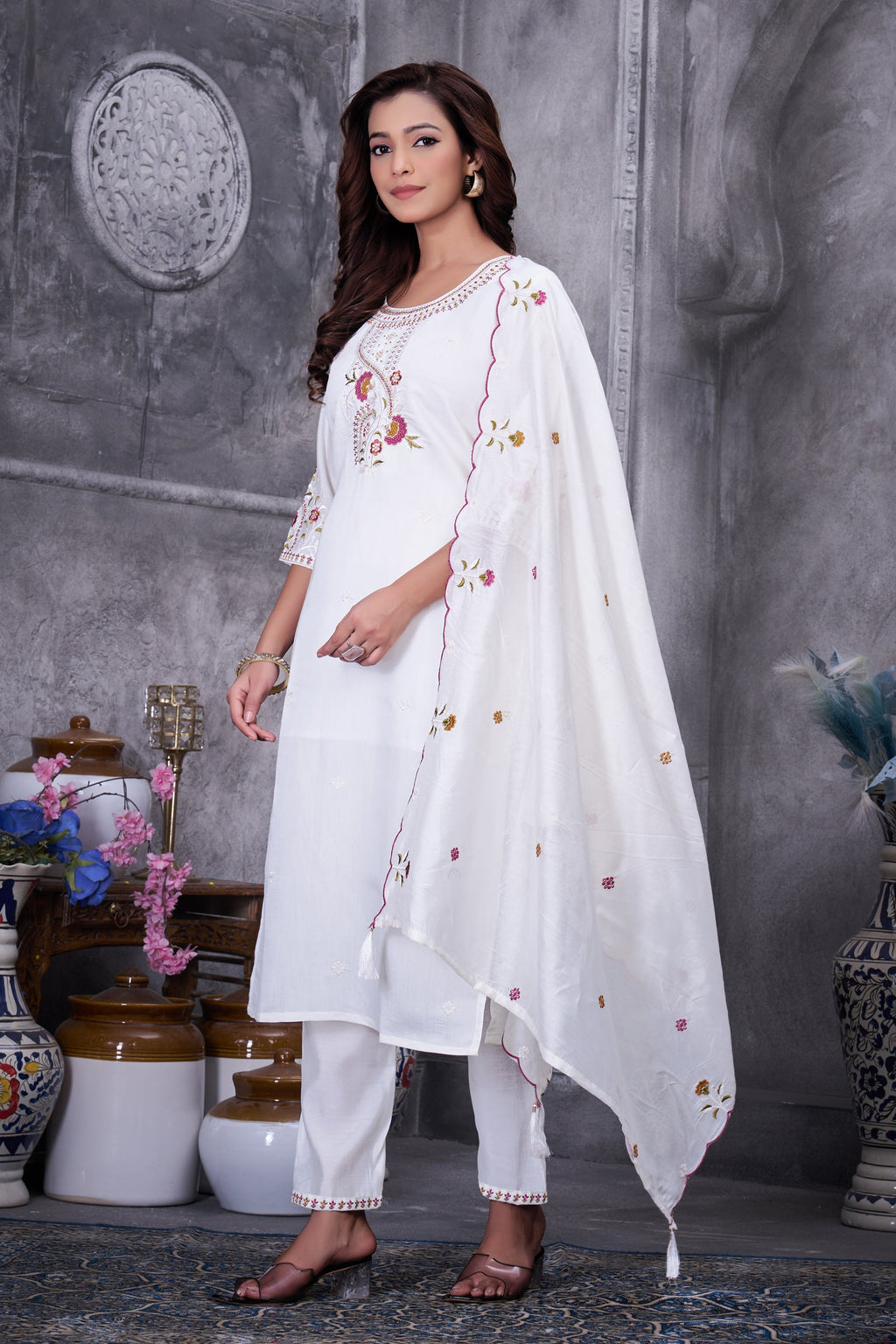 Lorenvalley Fashion White Roman Silk Multi Embroidery Thread With Hand Work Kurta Pant Dupatta | Grocsy