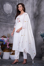 Lorenvalley Fashion White Roman Silk Multi Embroidery Thread With Hand Work Kurta Pant Dupatta | Grocsy