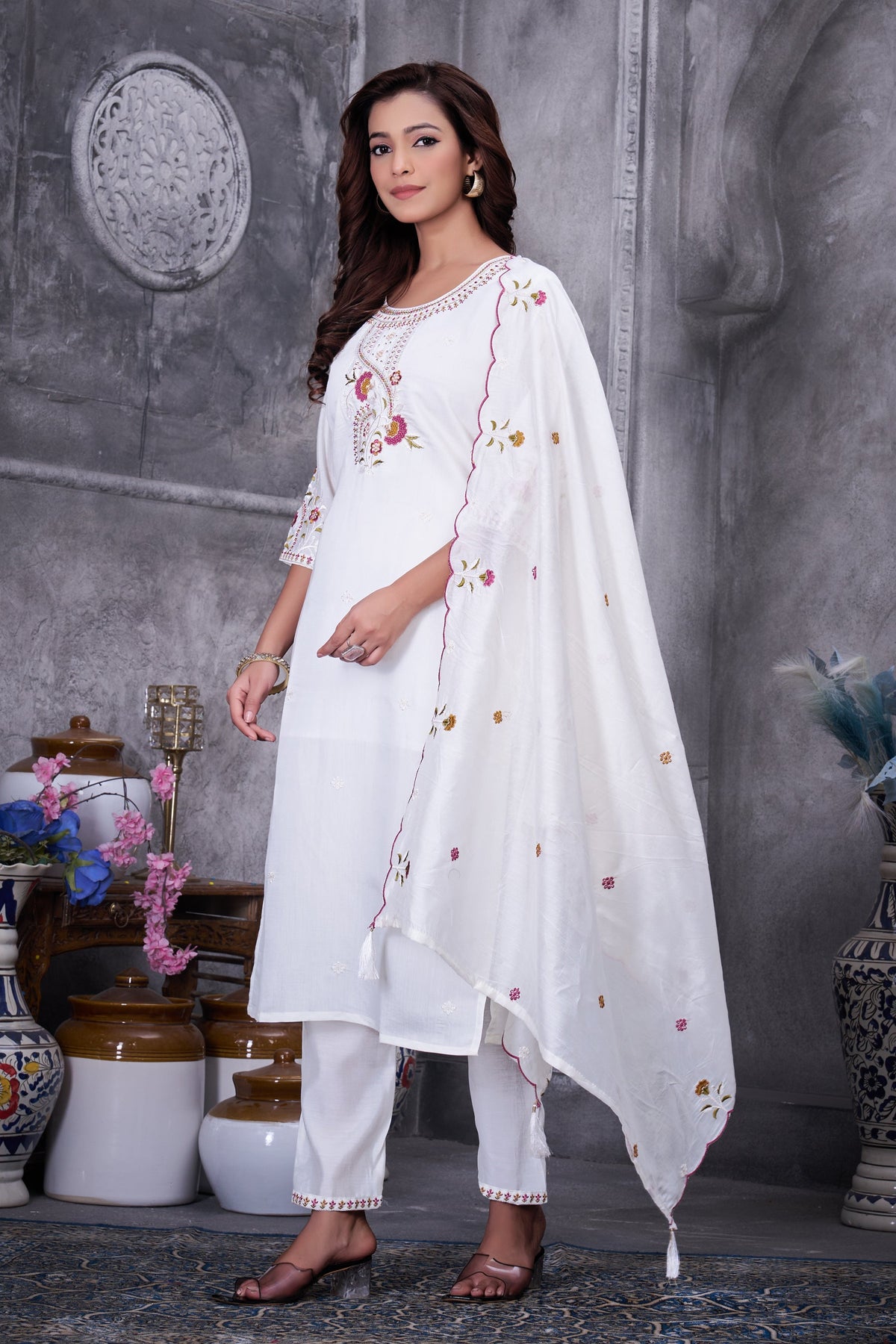Lorenvalley Fashion White Roman Silk Multi Embroidery Thread With Hand Work Kurta Pant Dupatta | Grocsy