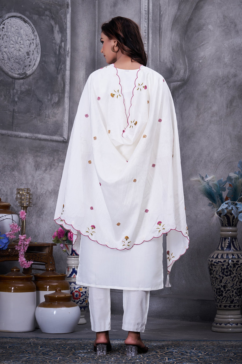 Lorenvalley Fashion White Roman Silk Multi Embroidery Thread With Hand Work Kurta Pant Dupatta | Grocsy