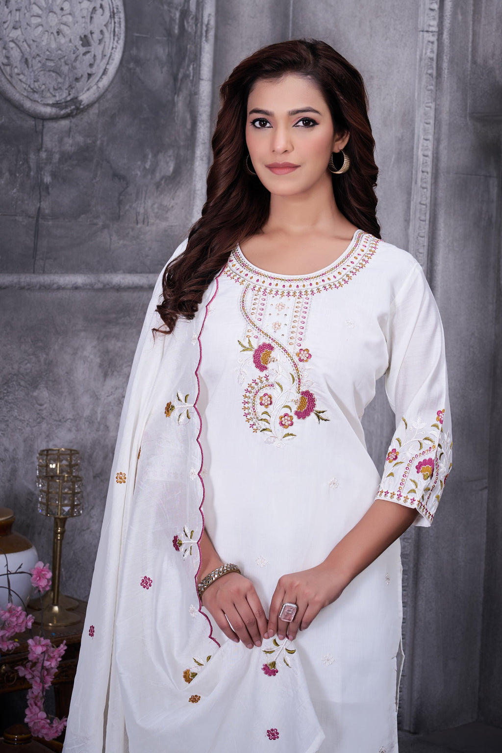 Lorenvalley Fashion White Roman Silk Multi Embroidery Thread With Hand Work Kurta Pant Dupatta | Grocsy