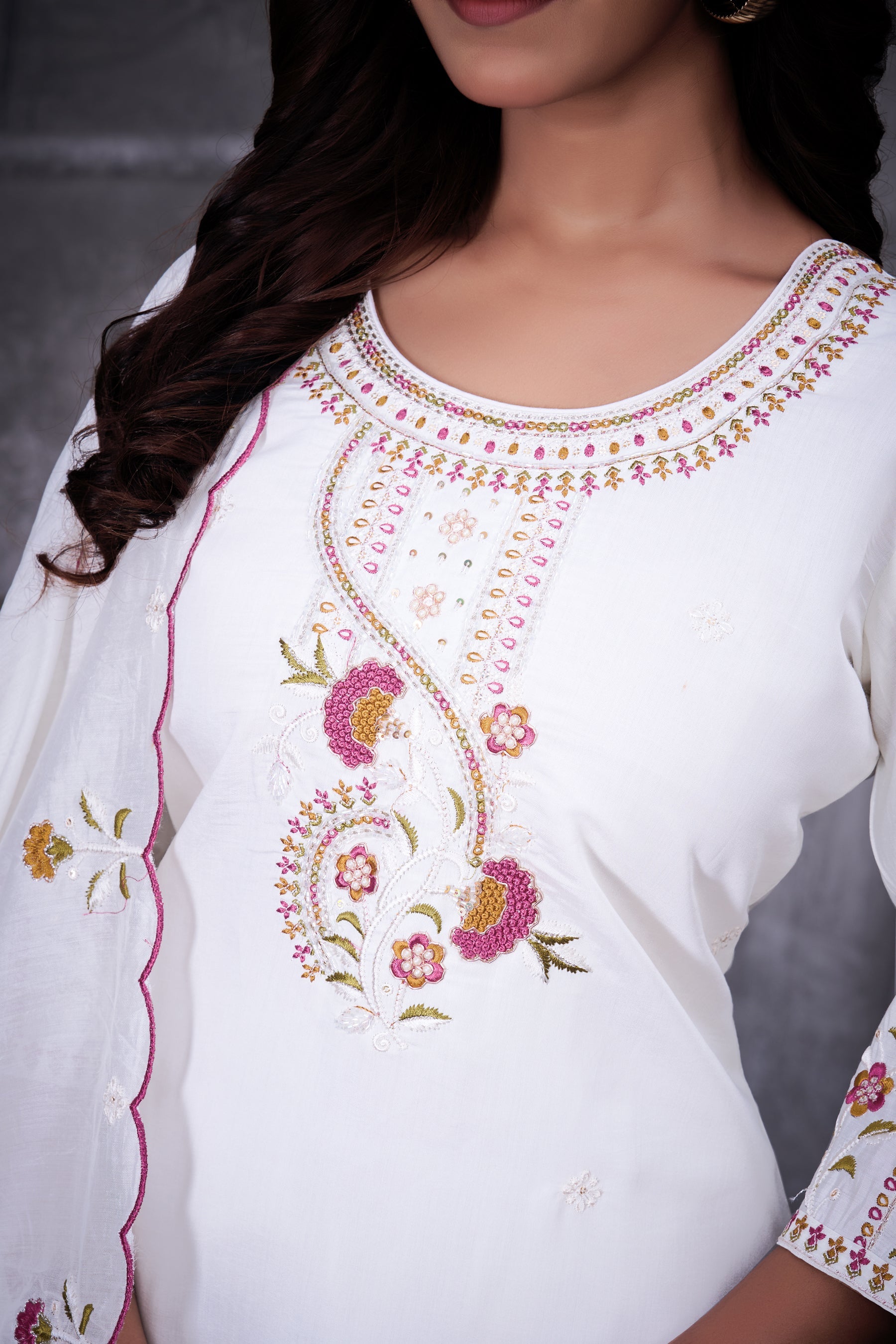Lorenvalley Fashion White Roman Silk Multi Embroidery Thread With Hand Work Kurta Pant Dupatta | Grocsy