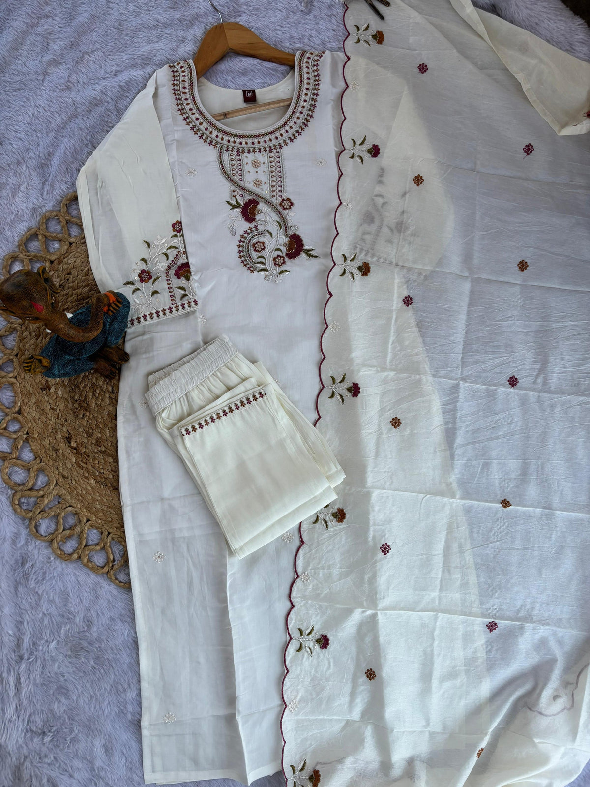 Lorenvalley Fashion White Roman Silk Multi Embroidery Thread With Hand Work Kurta Pant Dupatta | Grocsy