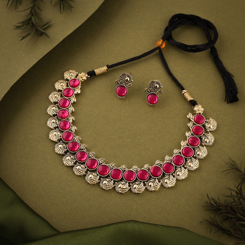 Tehzeeb Creations Pink Colour Gold-Polished Stone Jewellery Choker Necklace Set With Matching Pair of Stud Earrings | Grocsy