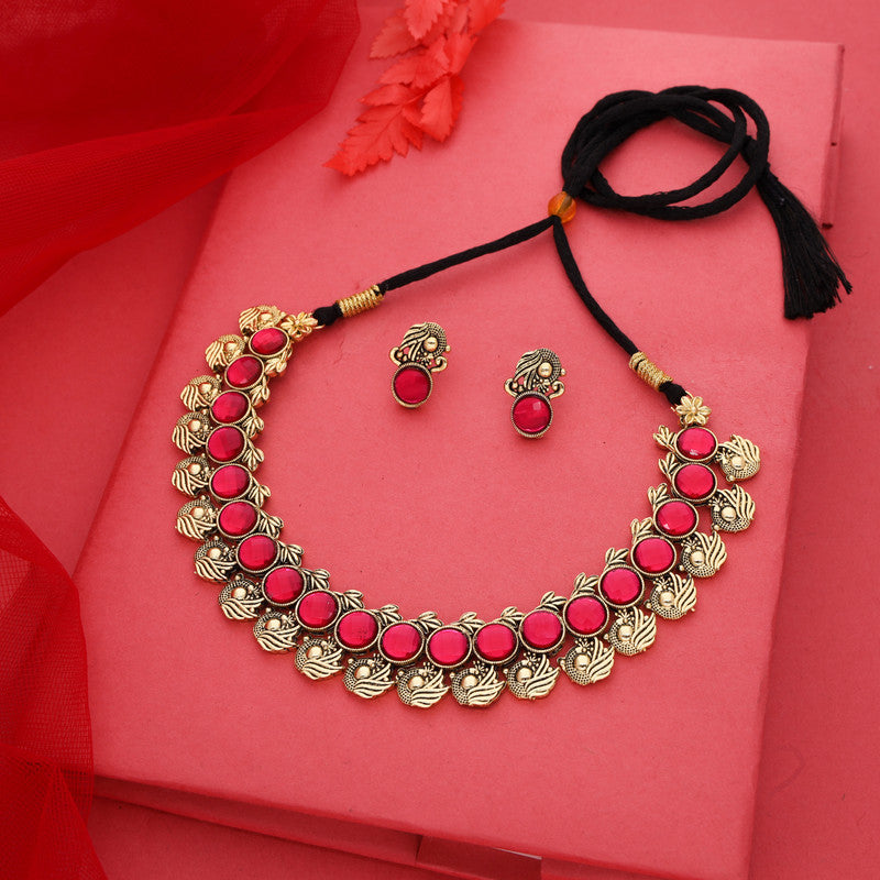 Tehzeeb Creations Pink Colour Gold-Polished Stone Jewellery Choker Necklace Set With Matching Pair of Stud Earrings | Grocsy