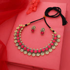 Tehzeeb Creations Pink Colour Gold-Polished Stone Jewellery Choker Necklace Set With Matching Pair of Stud Earrings | Grocsy