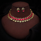Tehzeeb Creations Pink Colour Gold-Polished Stone Jewellery Choker Necklace Set With Matching Pair of Stud Earrings | Grocsy