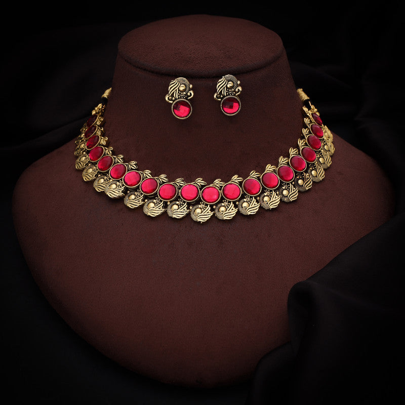 Tehzeeb Creations Pink Colour Gold-Polished Stone Jewellery Choker Necklace Set With Matching Pair of Stud Earrings | Grocsy