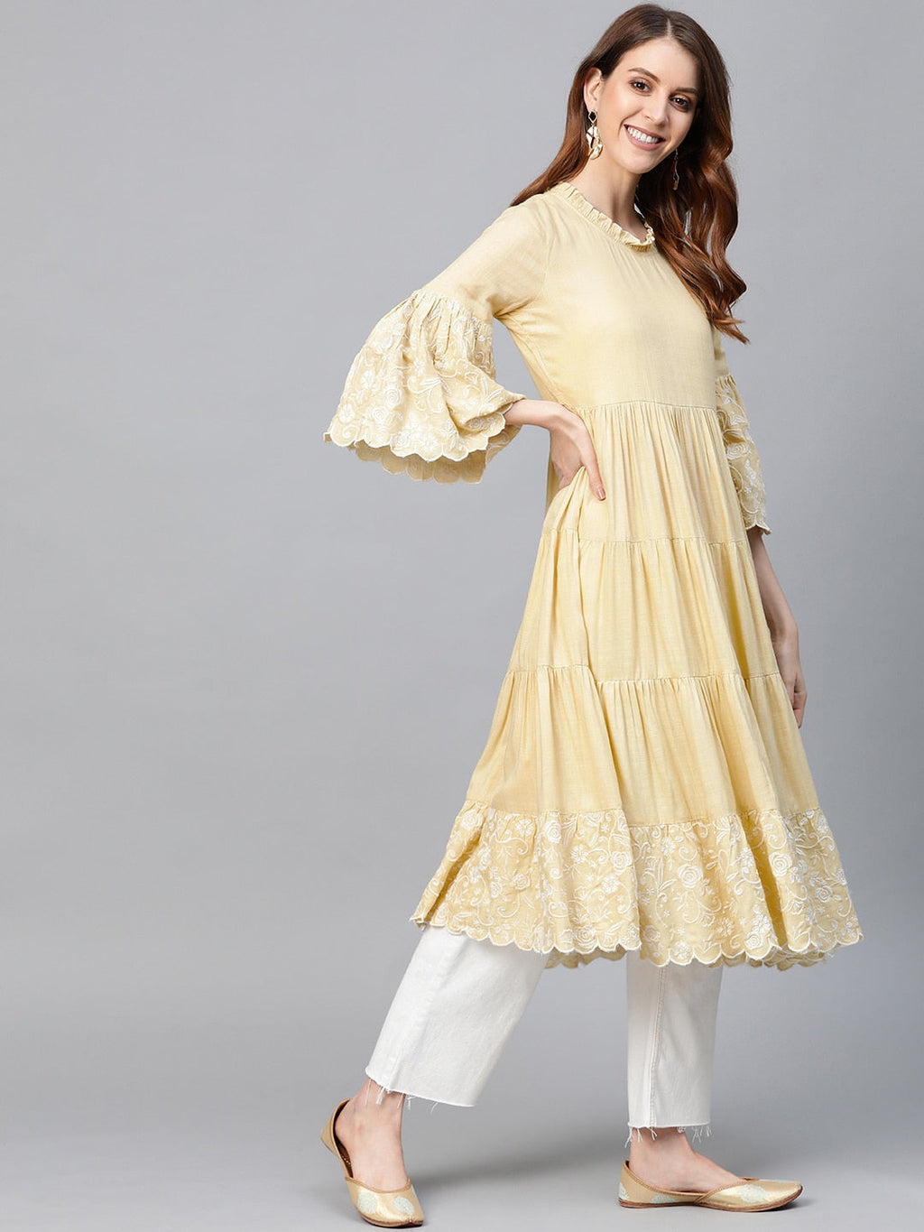 HERE&NOW Women Yellow Solid Tiered Anarkali Kurta | Grocsy