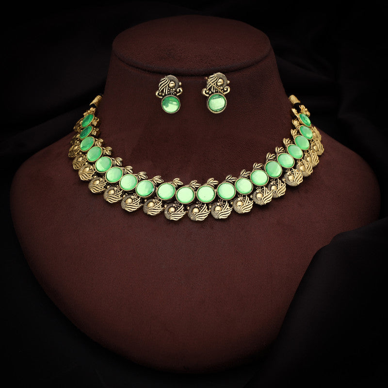Tehzeeb Creations Sea Green Colour Gold-Polished Stone Jewellery Choker Necklace Set With Matching Pair of Stud Earrings | Grocsy