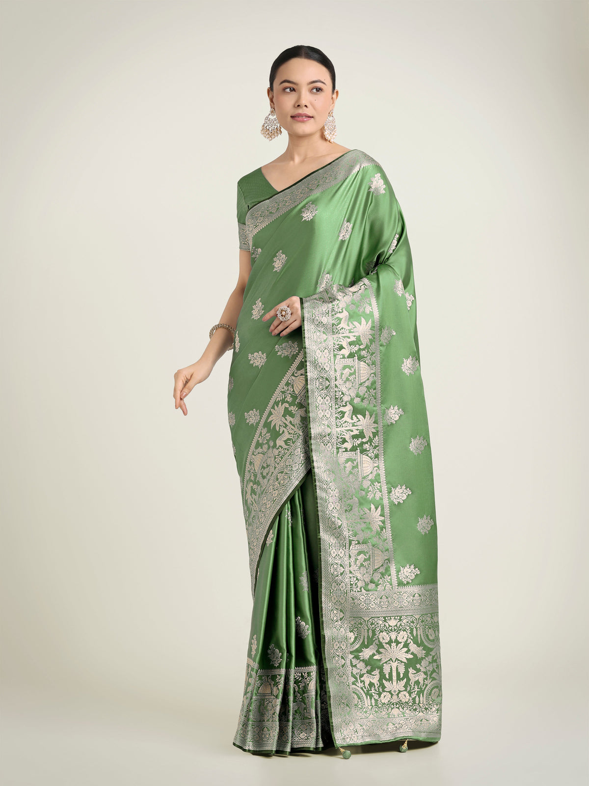 Monjolika Fashion Light Green Zari Weaving Work Banarasi Satin Silk Traditional Saree | Grocsy
