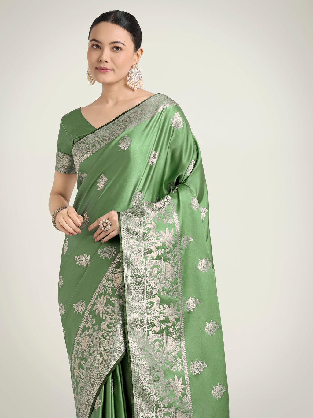 Monjolika Fashion Light Green Zari Weaving Work Banarasi Satin Silk Traditional Saree | Grocsy