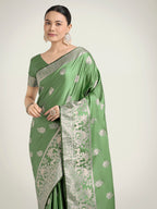 Monjolika Fashion Light Green Zari Weaving Work Banarasi Satin Silk Traditional Saree | Grocsy