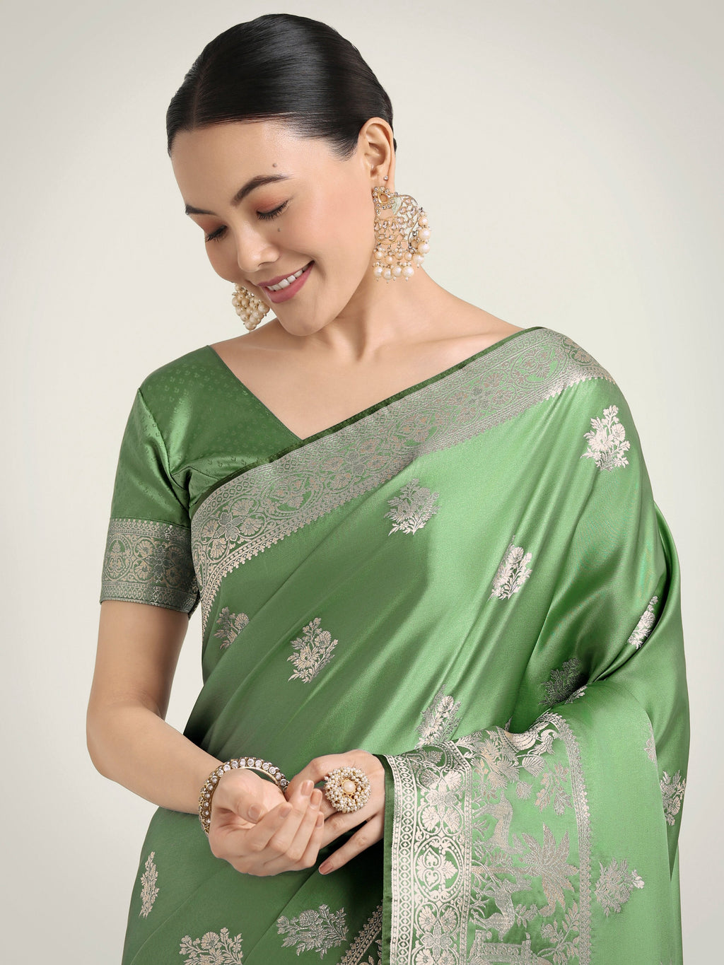 Monjolika Fashion Light Green Zari Weaving Work Banarasi Satin Silk Traditional Saree | Grocsy